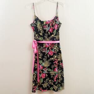 Jessica Howard Black Floral Spaghetti Straps Pink Ribbon Waist Tie Dress
